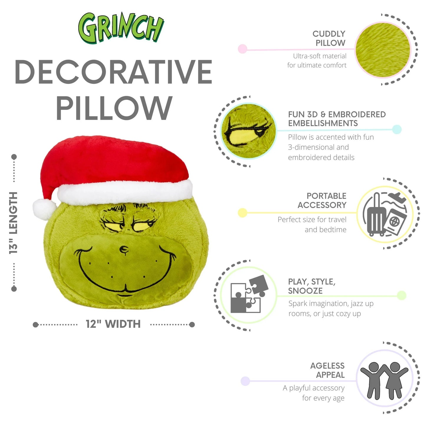 Grinch Decorative Pillow, Green, Dr. Seuss